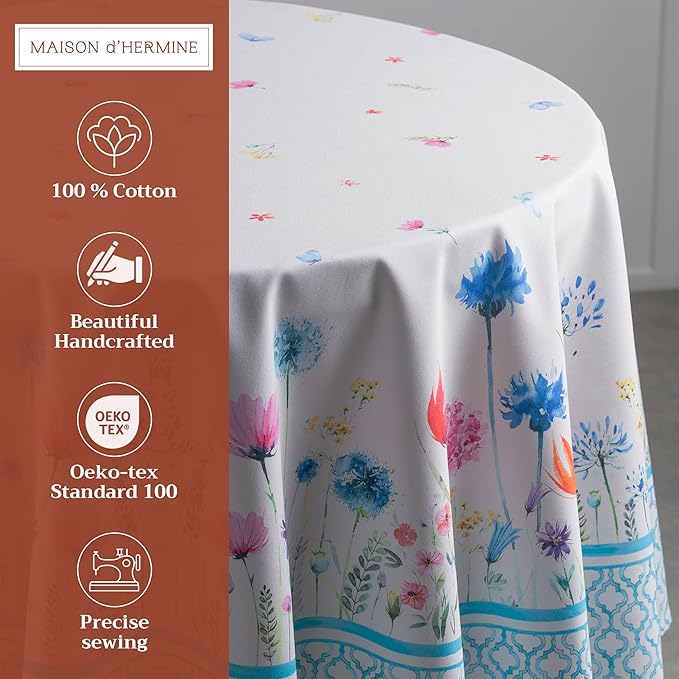 Maison d' Hermine Table Cloth Round Table 100% Cotton 63 Inches Tablecloth Reusable Decorative for Dining Room, Farmhouse, Home, Party, Festive & Wedding Spring Summer - Flower in The Field