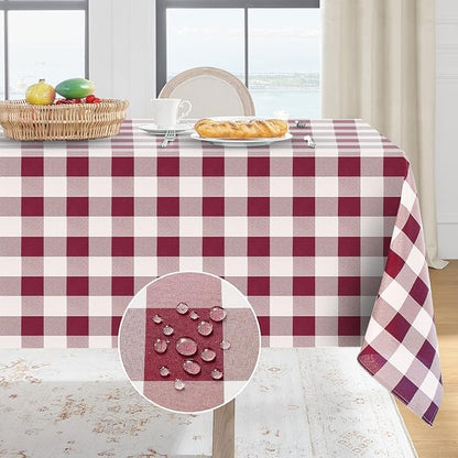 Softalker Gingham Checkered Tablecloth Rectangle - Outdoor Waterproof Buffalo Plaid Table Cloth, Stain Resistant Washable Table Cover for Picnic, Camping, Dining - Burgundy and White, 60 x 120 Inch