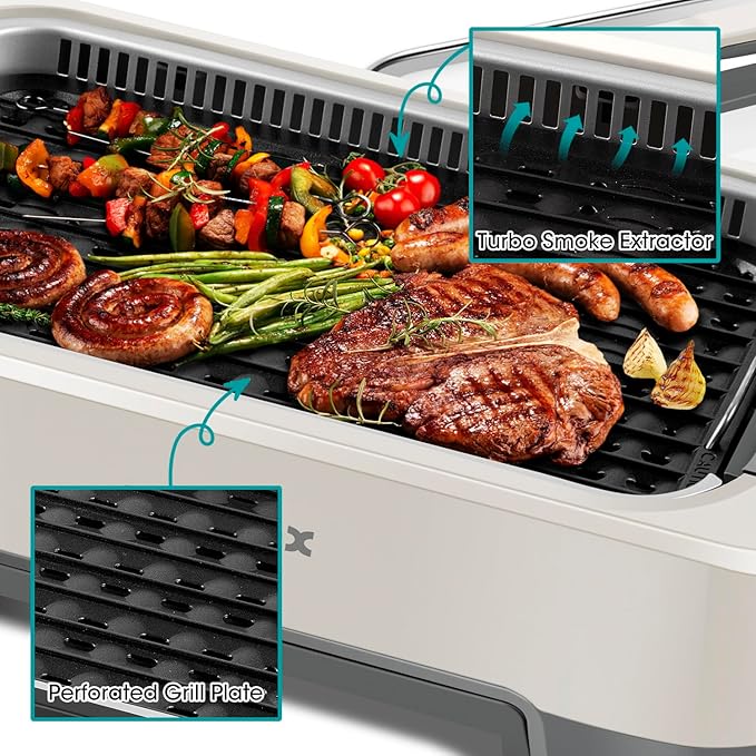 CUSIMAX Smokeless Grill, Korean Grill, 1500W Electric BBQ Grill with Tempered Glass Lid & LED Smart Display, Non-stick Removable Grill Plate, Off-White