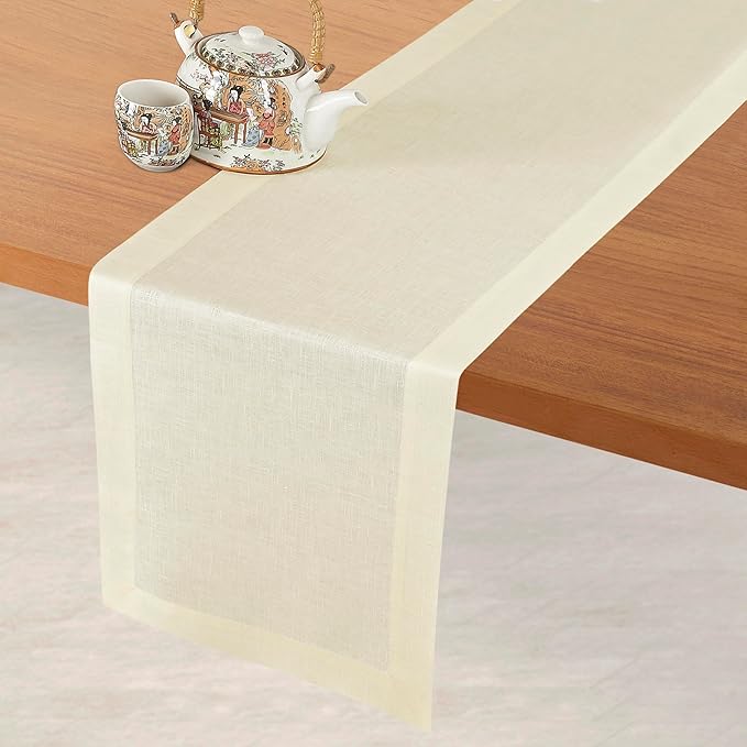 D'Moksha Homes Linen Cream Table Runner 120 Inches Long - 100% Pure Linen Dining Table Runner 14 x 120 Inch for Winter, Holiday - Machine Washable