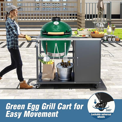 Big Green Egg Outdoor Grill Table, Portable Heavy Duty Grill Cart with Wheels, Plenty of Storage, Fits Large, Medium, and Small Big Green Egg and Kamado Joe Classic Grills