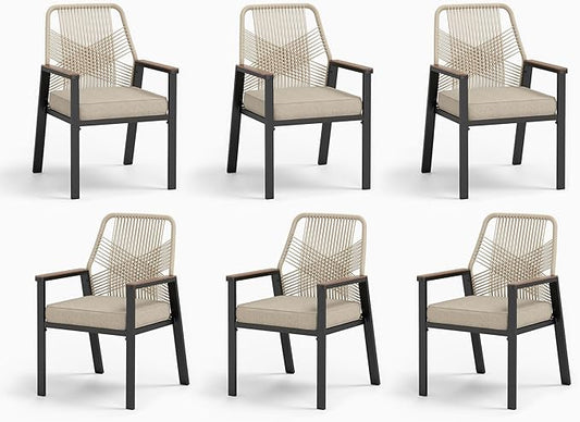 Patio Wicker Chair Sets of 6, Outdoor Dining Chairs with 3.1 inch Seat Cushions, Sturdy Metal Frame & Wood Grain Armrest, Beige