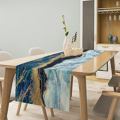 Marble Table Runner, Blue Texture Abstract Art Print Table Runner for Indoor Home Living Room Party Dining Kitchen 13x90in