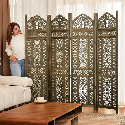 5.75Ft Room Divider Wood Screen, 33Lbs Durable Antiqued Style MDF Carved Headboard, Reversible Freestanding Folding Partition Paravent for Home Terrace, 69 * 71 inch(H*W) - 4 Panels (Antique Brown)