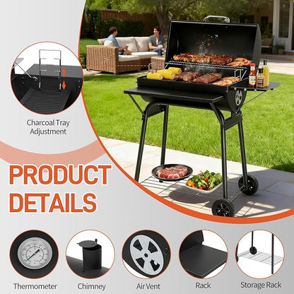 Outvita Barrel Charcoal Grill with Warming Rack, Outdoor BBQ Grill with Side Front Table with Nearly 564 Sq.In. Cooking Grid Area for Backyard Patio Picnic Parties Camping, Black
