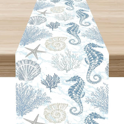 Nautical Table Runner, Summer Coastal Starfish Seashells Coral Seahorse Tropical Ocean Beach Blue Farmhouse Coffee Table Center Decor for Home Kitchen Dining Indoor Outdoor Table Decorations, 13"x36"