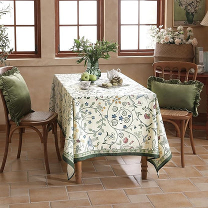 Linen Table Cloth Rectangle,Wrinkle Resistant French White and Green Tablecloth Print with Froal,Decor Stitch Table Cloth for Thanksgiving,Dining Room,Home,63" × 102"-Idaho A