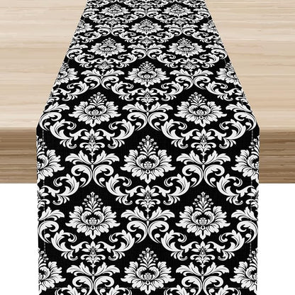 Black Damask Table Runner, Rustic Gothic Baroque Style Floral Boho Flower Antique Coffee Vintage Retro Table Center Decor for Kitchen and Dining Outdoor Home Country Party Table Decorations, 13"x90"