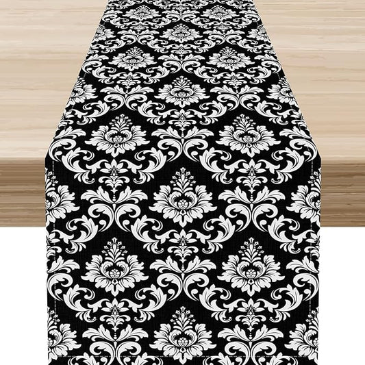 Black Damask Table Runner, Rustic Gothic Baroque Style Floral Boho Flower Antique Coffee Vintage Retro Table Center Decor for Kitchen and Dining Outdoor Home Country Party Table Decorations, 13"x90"