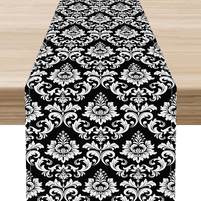 Black Damask Table Runner, Rustic Gothic Baroque Style Floral Boho Flower Antique Coffee Vintage Retro Table Center Decor for Kitchen and Dining Outdoor Home Country Party Table Decorations, 13"x36"
