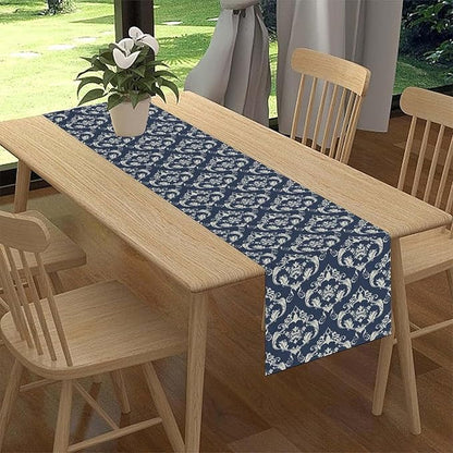 Blue Damask Table Runner, Rustic Gothic Baroque Style Floral Bohemian Boho Flower Antique Vintage Coffee Table Center Decor for Kitchen and Dining Outdoor Country Party Table Decorations, 13"x90"