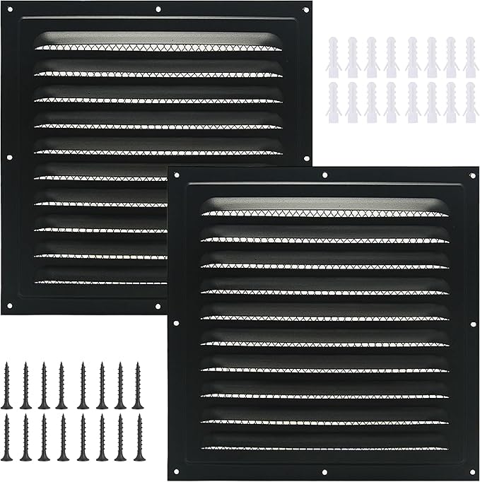 2pcs Attic Vent Soffit Vent Aluminum Wall Vent Metal Shed Vent Square Vent Louver Vent Grille with Built-in Insect Screen for Exterior Door House Attic Garage Ceiling (Black 10" x 10"-2 Pack)