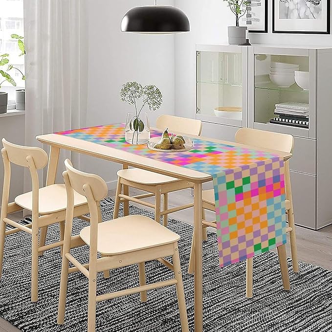 Retro Checkered Table Runner, Bright Rainbow Colorful Modern Groovy Aesthetic Table Runner for Dining Kitchen Party Home Wedding Banquet 13x90in