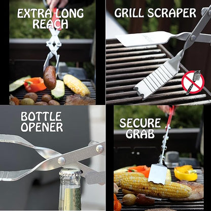 BBQCroc 3-in-1 Barbecue Tool 26-inch Extra Light and Super Long Heavy Duty Tongs, Spatula and Grill Scraper (Red) – Longest BBQ Tool Ever!
