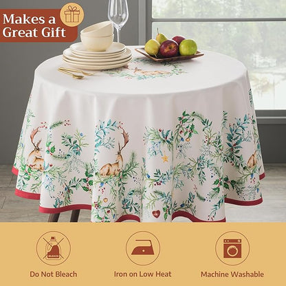 Maison d' Hermine Table Cloth Round Table 100% Cotton 63 Inches Fall Tablecloth Reusable Everyday Use for Thanksgiving Christmas Decorations Dining Farmhouse Party (Holly Time)