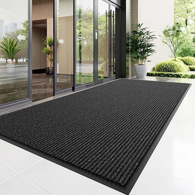 Front Door Mat, 4' x 3' Heavy Duty Indoor Outdoor Door Mat Entrance, Commercial Welcome Mats, Stain and Fade Resistant, Durable Rubber Backing, Low Profile Entry Mat for Patio, Black Stripe