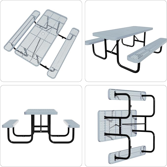 4 FT Heavy Duty Picnic Table with 2 Benches, Expanded Metal Outdoor Patio Dining Table with Umbrealla Hole Commercial Picnic Table,Rectangular Table Furniture Set for Garden, Lawn, Parks