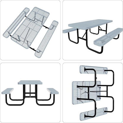 4 FT Heavy Duty Picnic Table with 2 Benches, Expanded Metal Outdoor Patio Dining Table with Umbrealla Hole Commercial Picnic Table,Rectangular Table Furniture Set for Garden, Lawn, Parks