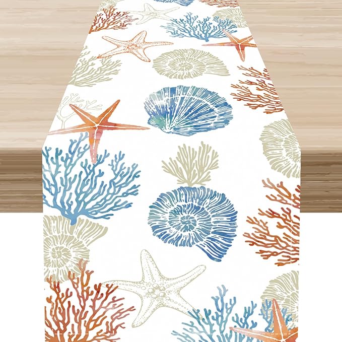Coastal Table Runner, Rustic Farmhouse Nautical Starfish Seashells Coral Tropical Ocean Beach Blue Summer Coffee Table Center Decor for Home Kitchen Dining Indoor Outdoor Table Decorations, 13"x108"