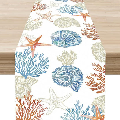 Coastal Table Runner, Rustic Farmhouse Nautical Starfish Seashells Coral Tropical Ocean Beach Blue Summer Coffee Table Center Decor for Home Kitchen Dining Indoor Outdoor Table Decorations, 13"x108"