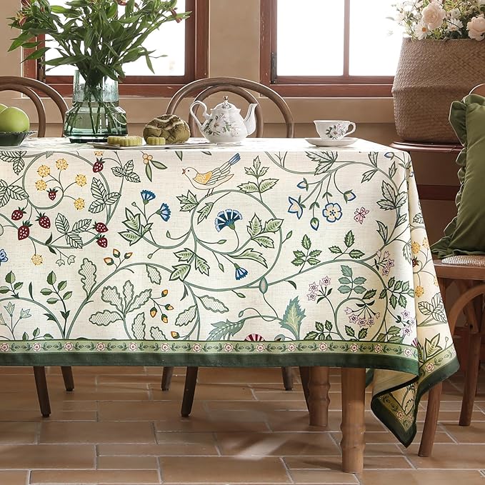 Linen Table Cloth Rectangle,Wrinkle Resistant French White and Green Tablecloth Print with Froal,Decor Stitch Table Cloth for Thanksgiving,Dining Room,Home,63" × 102"-Idaho A