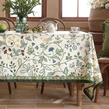 Linen Table Cloth Rectangle,Wrinkle Resistant French White and Green Tablecloth Print with Froal,Decor Stitch Table Cloth for Thanksgiving,Dining Room,Home,67" × 118"-Idaho A