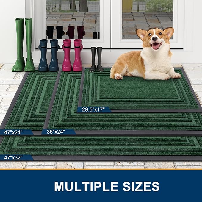 Buganda Front Door Mat Indoor Outdoor Entrance, Non-Slip Natural Rubber Doormats, Easy Clean, Low Profile, Dirt Trapper Entryway Floor Mats for Outside, Garages and Patios, 47x32, Green