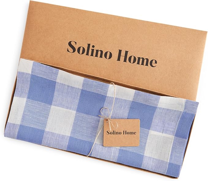 Solino Home Linen Checkered Table Runner 48 Inches - 100% Pure Linen Hydrangea Blue Buffalo Check Table Runner 14 x 48 Inch Ideal for Dresser and Coffee Tables - Winter, Spring, Easter