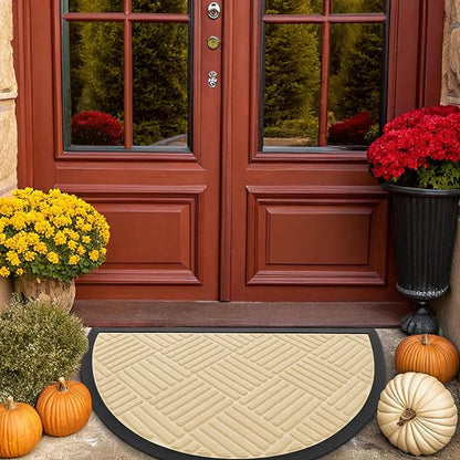 Smiry Half Circle Front Door Mat Outside Entrance, Heavy Duty Outdoor Indoor Natural Rubber Doormat, Non Slip, Trap Dirt and Moisture, Easy Clean, Low Profile Patio Porch Entryway Mat, 29.5x17, Beige