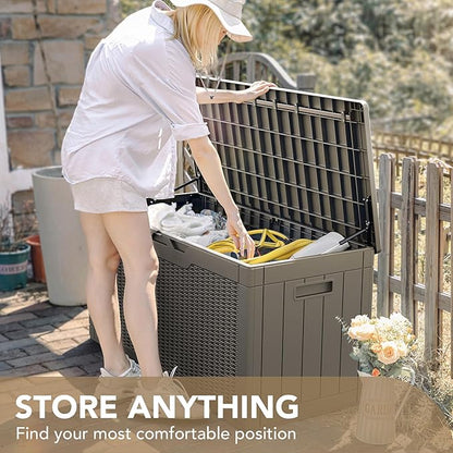 Devoko 100 Gallon Waterproof Large Resin Deck Box Indoor Outdoor Lockable Storage Container for Patio Furniture Cushions Garden Tools (100 Gallon, Light Brown)