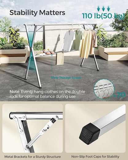 SONGMICS Clothes Drying Rack, Heavy-Duty Laundry Drying Rack, 52.4-78.7 Inches Extendable, Foldable Freestanding Airer, Stainless Steel, for Indoor Outdoor Use, Dove Gray ULLR902E01