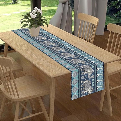 Boho Elephant Table Runner, Rustic African Tribe Animal Diwali India Damask Mandala Art Print Blue Coffee Table Center Decor for Home Kitchen Dining Holiday Party Outdoor Table Decorations, 13"x108"