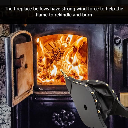 Bellows for Fire Pit Wood Stove Camping, 19"x 8" Fireplace Blower with Hanging Strap, Cast Nozzle Fireplace Bellows Outdoor and Indoor (Black)