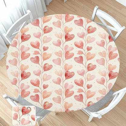 Valentines Day Round Fitted Tablecloth with Elastic Pink Love Heart Circle Table Cloth for 44-48" Round Tables Wipeable Waterproof Washable Valentine Hearts Table Cover for Picnic Dining Party Decor