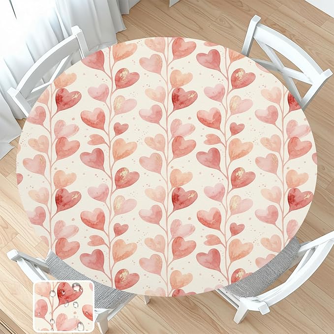 Valentines Day Round Fitted Tablecloth with Elastic Pink Love Heart Circle Table Cloth for 48-52" Round Tables Wipeable Waterproof Washable Valentine Hearts Table Cover for Picnic Dining Party Decor