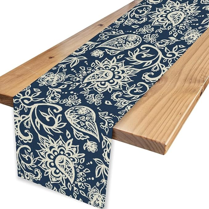 Blue Paisley Table Runner, Vintage Damask Antique Floral Flower Boho Damask Swirled Rustic Coffee Table Center Decor for Family Kitchen and Living Room Outdoor Table Decorations, 13"x90"