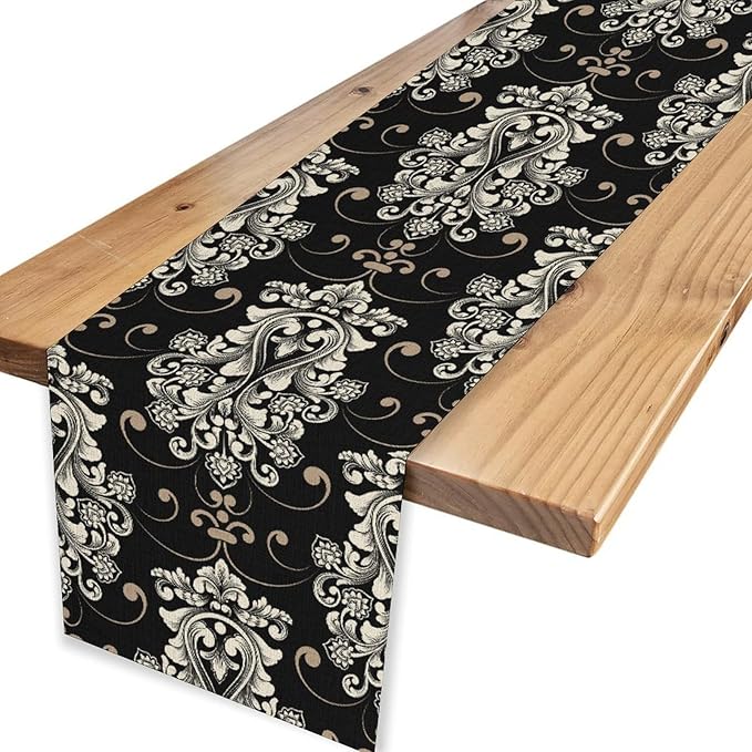 Goth Table Runner, Antique Gothic Damask Pattern Baroque Style Black Floral Flower Exotic Coffee Vintage Table Center Decor for Kitchen and Dining Outdoor Country Party Table Decorations, 13"x90"