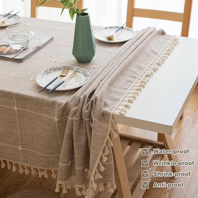 Pahajim Rustic Linen Tablecloth Cotton Rectangle Table Cloth for Kitchen Dining with Tassel Plaid Waterproof Tablecloths Rectangle/Oblong,55''x87'', 6-8 Seats