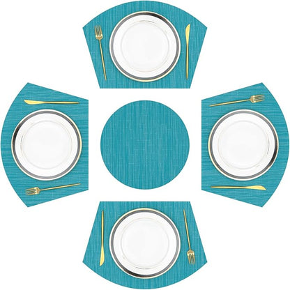 SHACOS Large Size Wedge Placemats with Centerpiece Set of 5, PVC Woven Vinyl Place Mats for Round Table Washable Indoor Outdoor Table Placemats, Blue
