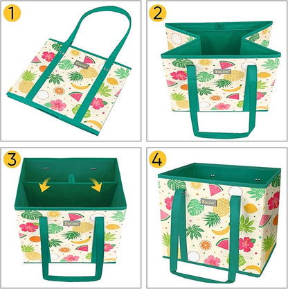 BALEINE 3Pk Reusable Grocery Bags, Foldable Shopping Bags for Groceries with Reinforced Bottom & Handles (Hawaiian Brunch)