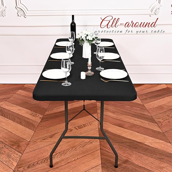 10 Pack Stretch Fabric Table Top Cap Cover, fits 6Ft Tables, Spandex Table Covers Washable Elastic Universal Rectangle Tablecloth Protector for Indoor Outdoor Party Picnic Wedding, Black,30" W x 72" L