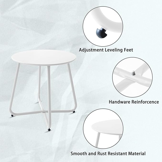 Outdoor Table Small Patio Side Table Waterproof Round Metal Side Table Weather Resistant Portable Outdoor and Indoor End Table for Garden, Balcony, Yard (White)