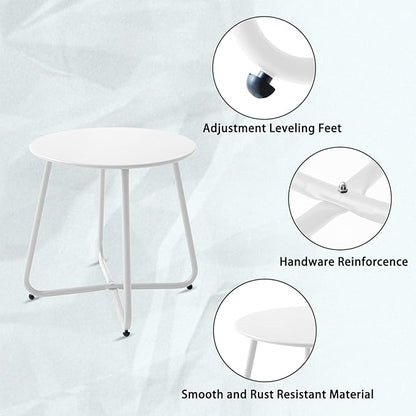 Outdoor Table Small Patio Side Table Waterproof Round Metal Side Table Weather Resistant Portable Outdoor and Indoor End Table for Garden, Balcony, Yard (White)