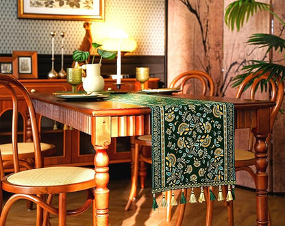 13×72 Inch Table Runner, Retro-Luxury Tassels Series for Kitchen Dining Table Holiday Decoration (Green Branch)