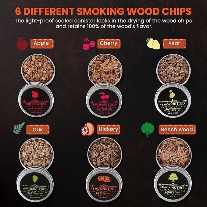 Cocktail Smoker Kit with Torch, 6 Flavors Wood Chips for Whiskey and Bourbon, Old Fashioned Smoker Kit for Infused Cocktail, Cheese, Salad and Meats, Gifts for Men, Dad and Boyfriend (No Butane)