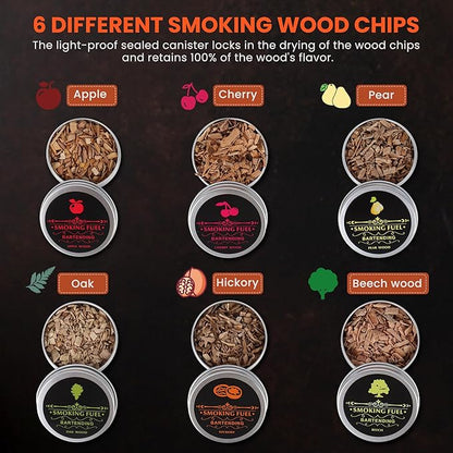 Cocktail Smoker Kit with Torch, 6 Flavors Wood Chips for Whiskey and Bourbon, Old Fashioned Smoker Kit for Infused Cocktail, Cheese, Salad and Meats, Gifts for Men, Dad and Boyfriend (No Butane)