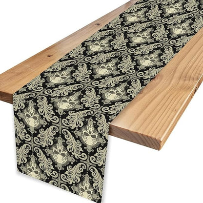 Skull Table Runner, Retro Antique Gothic Damask Pattern Classic Halloween Boho Black Coffee Vintage Table Center Decor for Kitchen and Dining Outdoor Home Country Party Table Decorations, 13"x90"