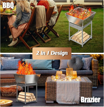 Stainless Steel Inch Square Wood Fire Pit with Grill, 2-in-1 Outdoor Firepit with Ash Pan and Wood Storage, Portable for Backyard, Patio, Camping Use