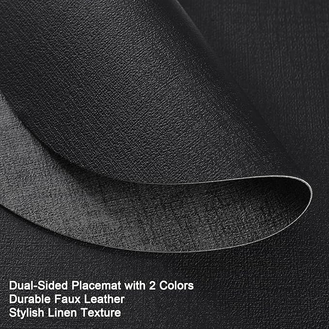 Placemats and Coasters, Washable Reversible Placemats Round Faux Leather Wipeable Place Mats Non Slip Heat Resistant Indoor Outdoor Table Mats (Set of 4, Gray Black)
