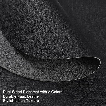 Placemats and Coasters, Washable Reversible Placemats Round Faux Leather Wipeable Place Mats Non Slip Heat Resistant Indoor Outdoor Table Mats (Set of 4, Gray Black)